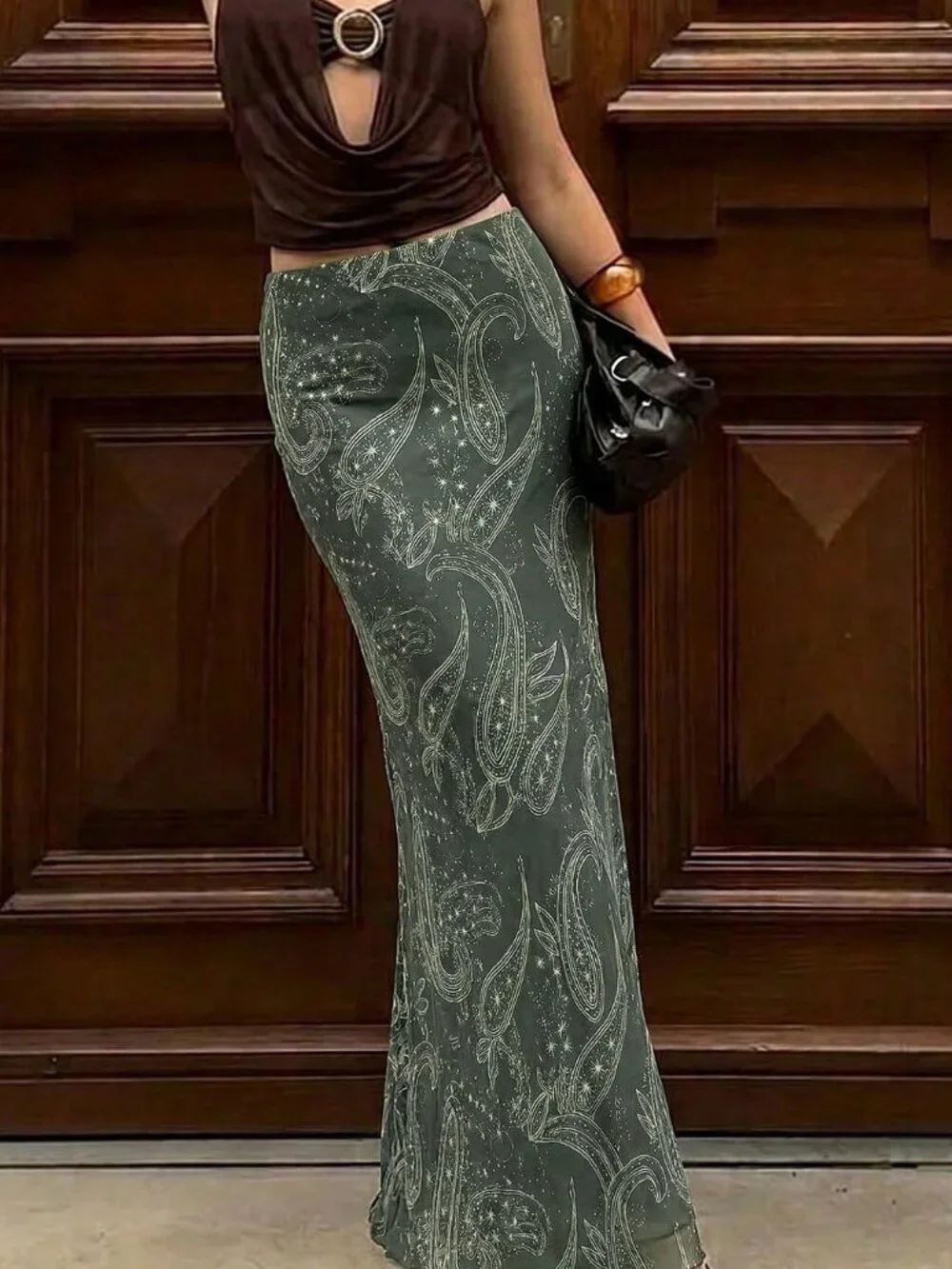 Olive Green Boho Women's Elegant Ruched Low Waist Mermaid Skirt